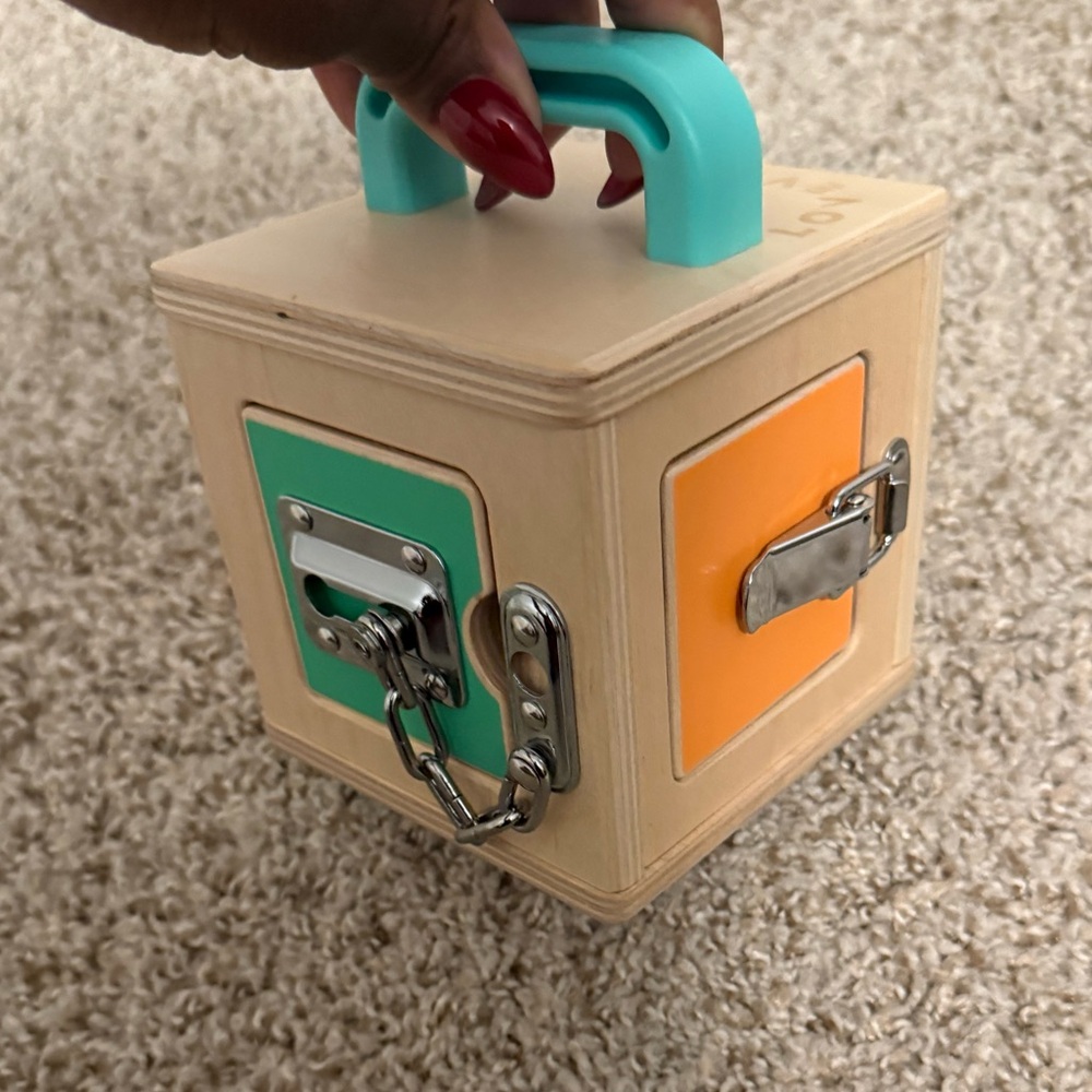 LOVEVERY Lock Box Wooden Activity Cube with Locks and Latches. Gently Used